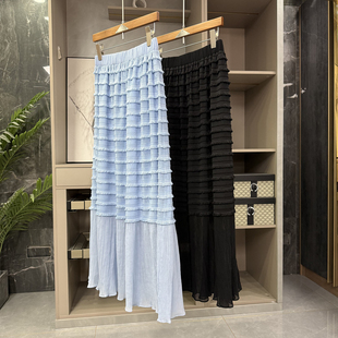 Q6011 拼接褶皱条纹松紧腰半身裙女 P牌款 温柔到心尖上