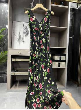 清仓不予退换#A~质款！真丝双绉印花开叉V领吊带连衣裙25233