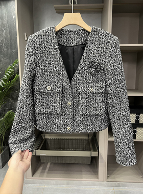 清仓不予退换#B孩都在穿！shan茶花粗花呢羊毛V领短外套女D24310