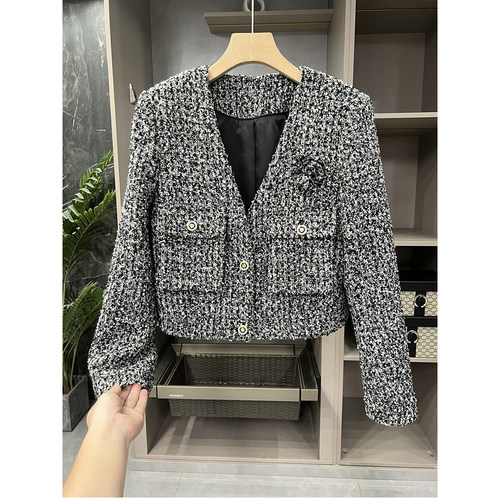 法柜！shan茶花粗花呢羊毛短外套
