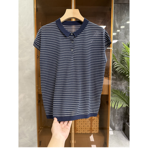莱赛尔条纹POLO领短袖针织上衣