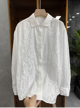 清仓不予退换！凉透气！刺绣亚麻长袖衬衫上衣女730099~JS