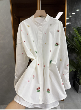 P牌设计师款！宽松重工钉珠圆领长袖棉衬衫上衣女  AE0473~JS