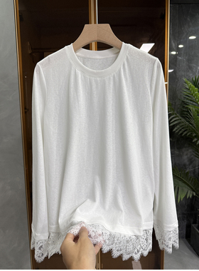 推荐推荐！10穿9美！拼接蕾丝圆领长袖棉T恤女 732423~JS
