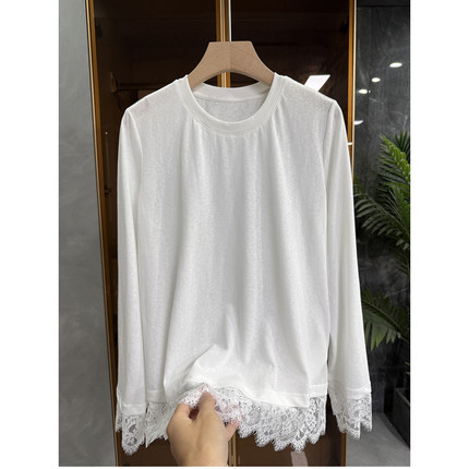推荐推荐！10穿9美！拼接蕾丝圆领长袖棉T恤女 732423~JS