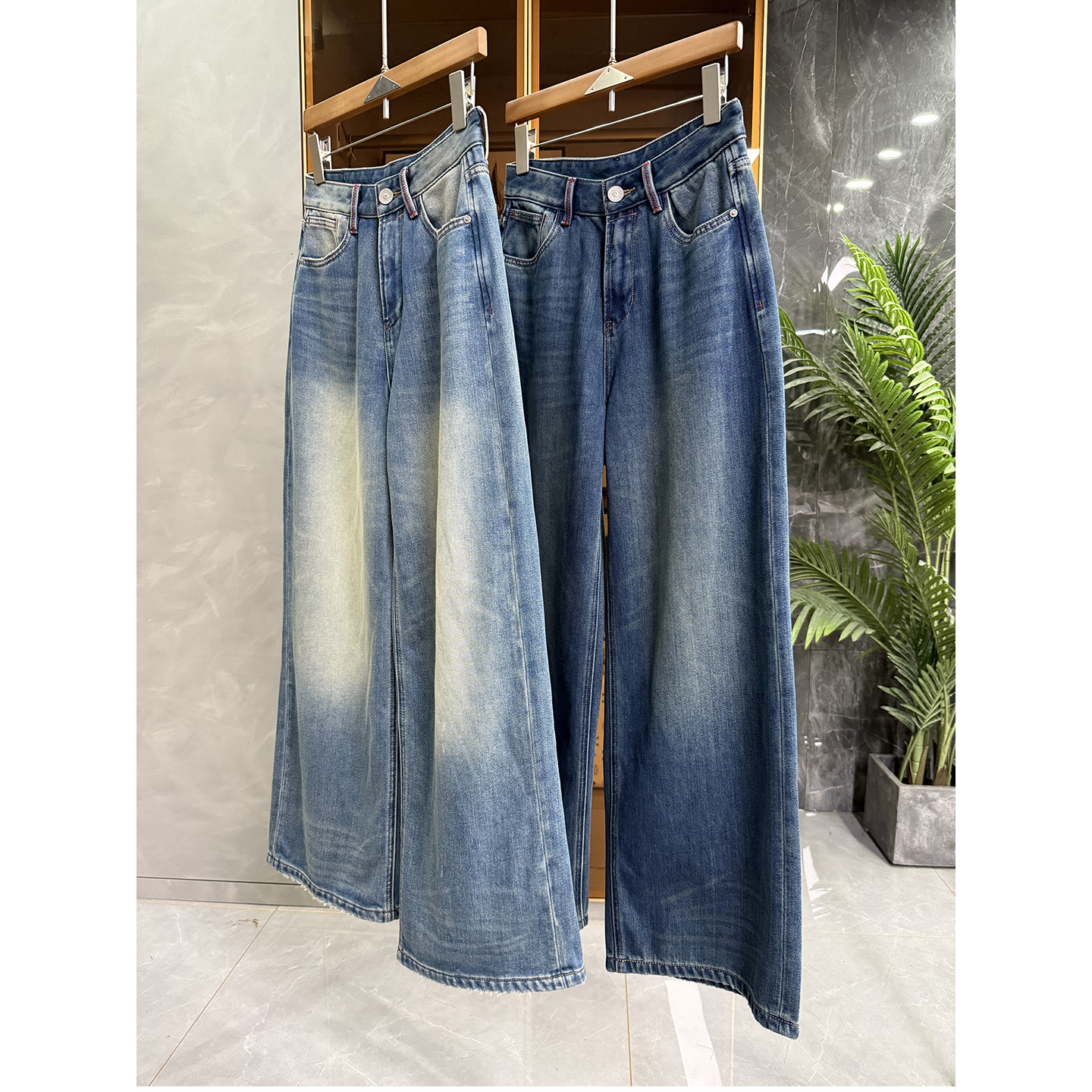 P牌料！复古加绒高腰牛仔阔腿裤