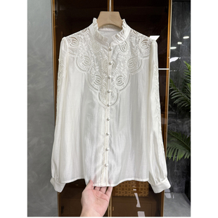 订单 D25716 刺绣镂空木耳领长袖 上衣女 天丝衬衫 浪漫法式