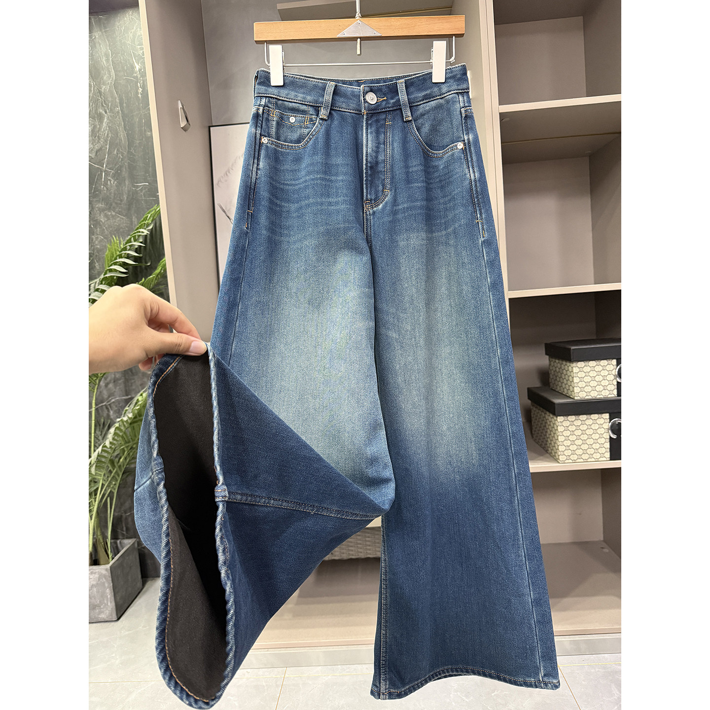 口碑品质！轻暖不臃肿！薄绒中高腰牛仔喇叭裤女    97545~WP