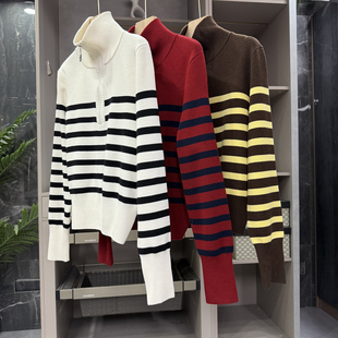 口碑工厂！宽松条纹羊毛半拉链翻领针织衫毛衣女    HM500558~ZY