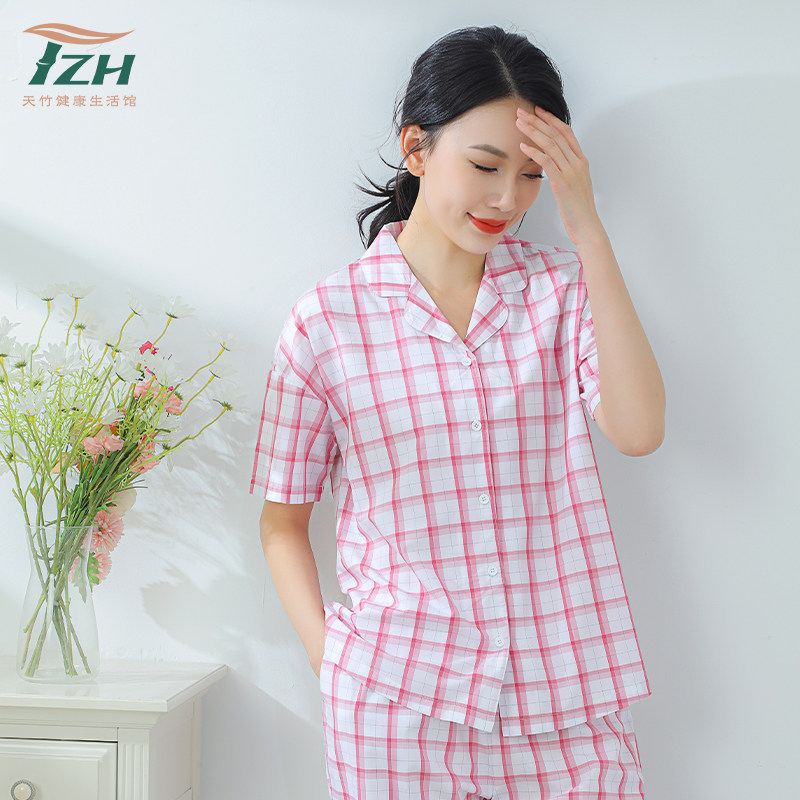 Tzh睡衣女款夏季竹纤维格子甜美短袖短裤休闲家居服套装可外穿