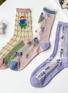 ins春夏玻璃丝中筒日系紫色花花卡丝透明水晶丝袜袜子女夏季薄女
