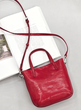 红色菜篮子手提水桶包包女2025冬季新款头层植鞣牛皮斜挎手机包小