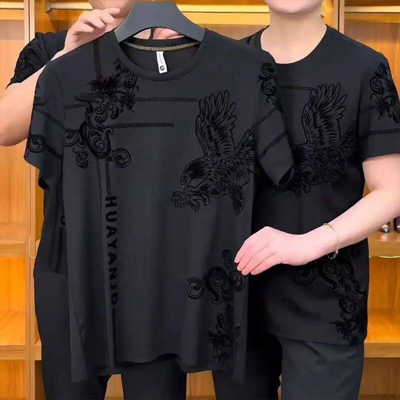 【专柜品质】春夏男士时尚半袖植绒烫钻商务休闲轻奢印花百搭短袖