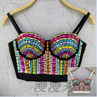 彩色亚克力材质小背心欧美朋克风街拍修身 女 吊带炫彩彩钻抹胸短款