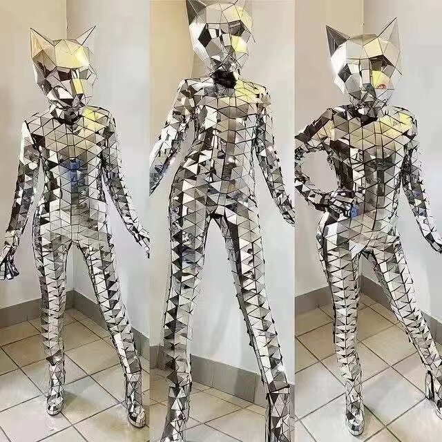 猫咪镜面人游乐园巡游角色扮演银色镜片酒吧夜店演出服颜色定制