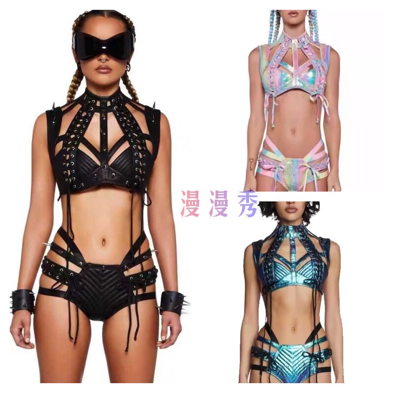 音乐节绑带服装哥特风欧美皮质