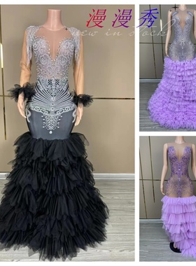 紫色满闪钻连衣裙水钻网纱蛋糕裙摆演出服走秀模特表演服主持人服
