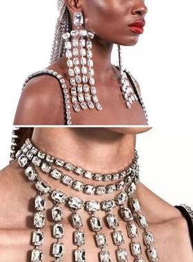 夸张大钻耳环项链舞台饰品镶钻水钻欧美走秀演出礼服搭配首饰品