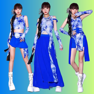 蓝色中国风打鼓演出服国潮爵士舞服装女团Keep舞台表演服韩舞套装