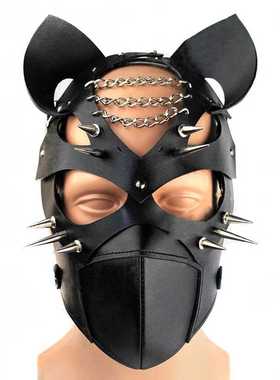 欧美带铆钉rivet皮革可拆卸面具男黑色皮制金属面罩舞台演出配饰