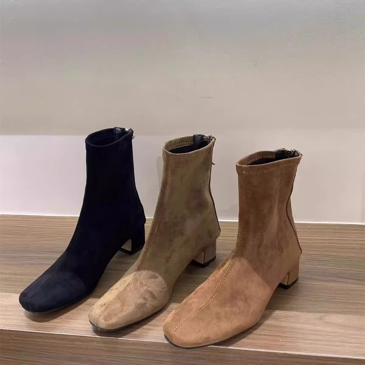 短靴女春秋单靴2025新款百搭方头法式气质马丁靴弹力靴粗跟瘦瘦靴,女鞋,时装靴,淘宝优惠券,粉丝福利购,淘宝优惠卷