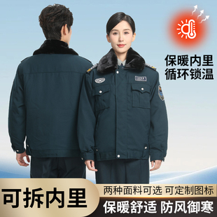保安服冬装冬季执勤棉袄夹克款墨绿棉大衣加厚防寒保暖工作服外套
