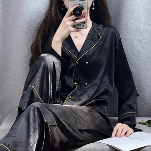 维多利亚国风木纹扣桑蚕丝睡衣女士春秋夏季 气质家居服黑色新中式