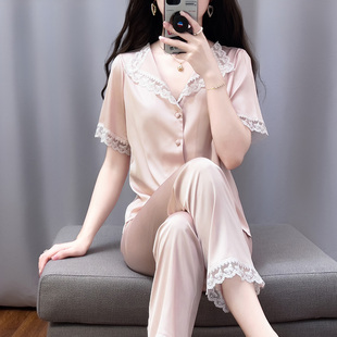 维多利亚法式简约桑蚕丝睡衣女短袖三件套粉色真丝家居服套装甜美