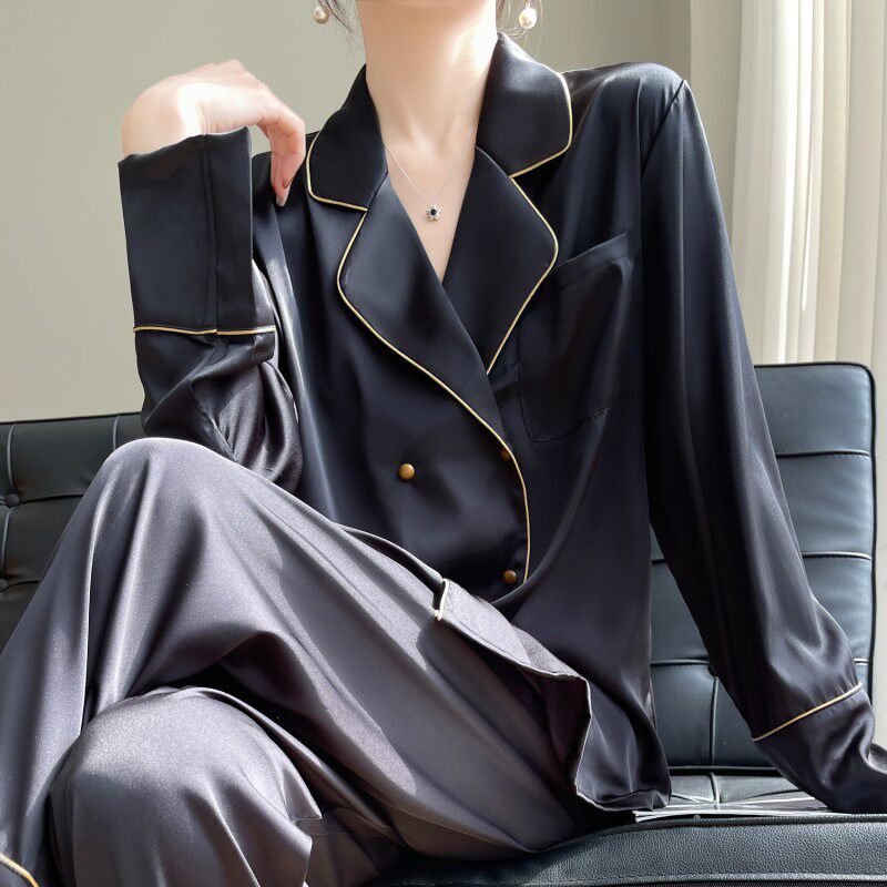 维多利亚黑色睡衣女士桑蚕丝家居服套装春秋夏季情侣长袖新款薄