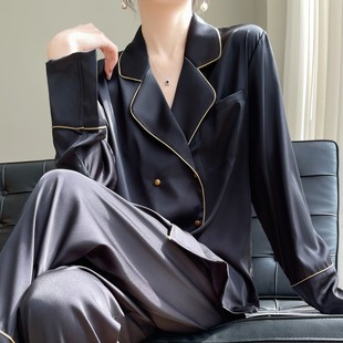 新款 情侣长袖 薄 春秋夏季 维多利亚黑色睡衣女士桑蚕丝家居服套装