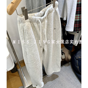 潮 慵懒风韩版 加绒宽松棉卫裤 可束脚口舒适百搭显瘦白花灰色直筒裤