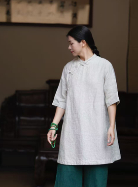 如素慢衣亚麻 中长款斜襟连衣裙36373