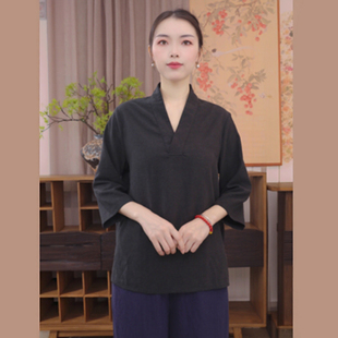 如素慢衣天丝木棉V领简约宽松百搭衬衫上衣36753