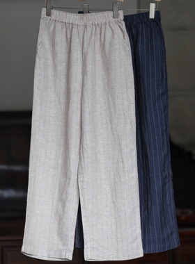 亚麻棉条纹夏季直筒裤36428