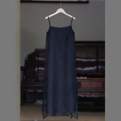 如素慢衣真丝欧根纱法式双层吊带开衩连衣裙60168