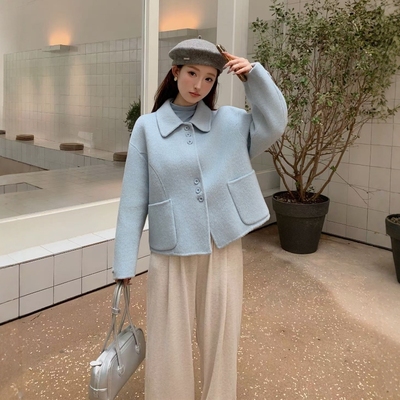 小香风时尚翻领毛呢外套女短款