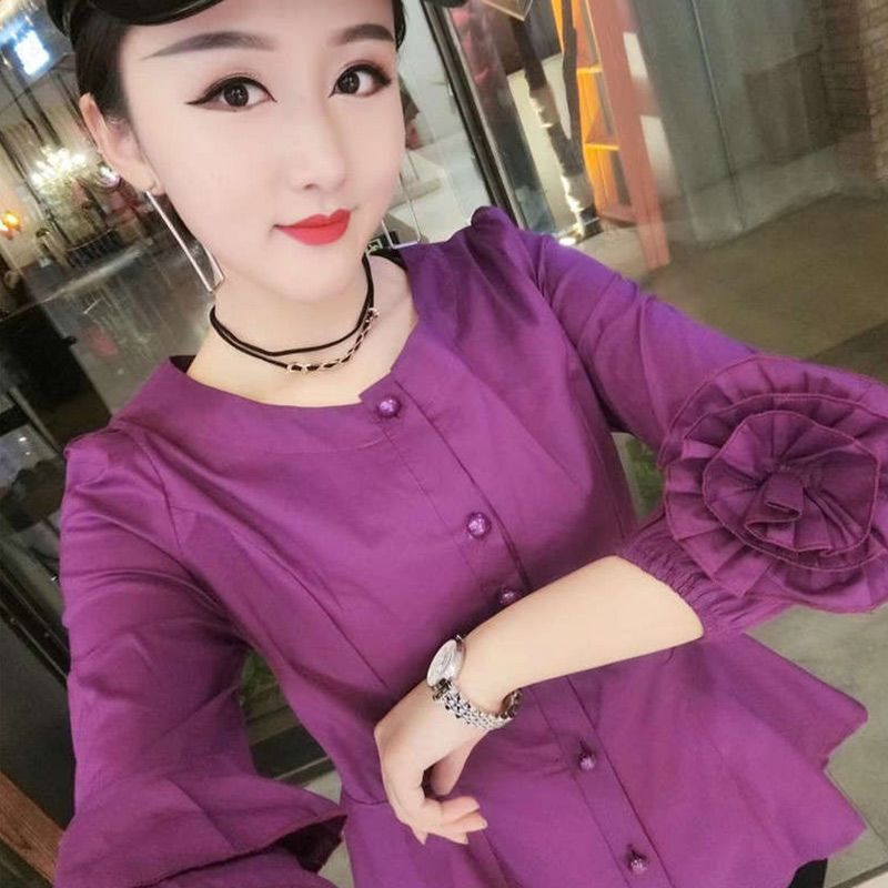 荷叶边衬衣女新款七分袖