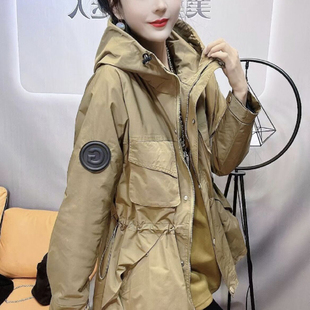 加棉风衣外套女连帽春秋2026新款夹棉收腰休闲工装二棉棉服冲锋衣