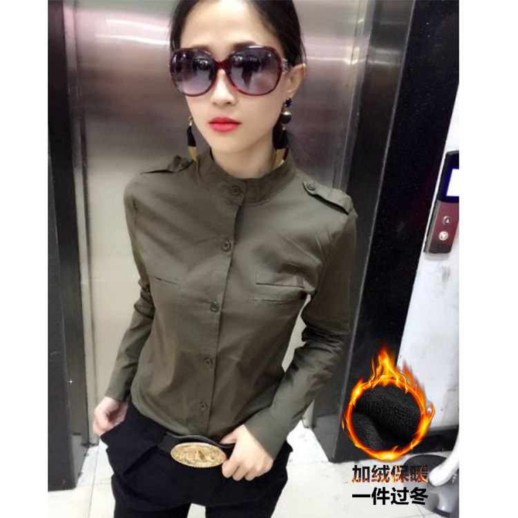 时尚加绒衬衫女职业OL秋冬2026新款百搭衬衣肩章修身显瘦工装上衣