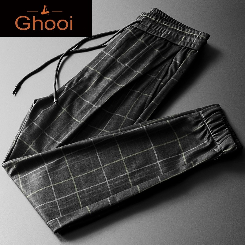 ghooi夏季格纹印花九分裤男宽松丝滑垂感青年时尚流休闲冰丝束脚|ruв категории Мужская одежда, брюки - от Buy2taobao.com для оказания профессиональной услуги покупки агента Taobao