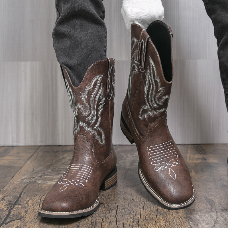 靴子秋冬长筒骑士靴西部牛仔靴民族风刺绣靴复古棕色靴子切尔西靴
