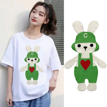 大号绿色兔子图案刺绣布贴T恤外套羽绒服衣服破洞装饰修补补丁贴