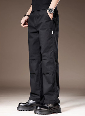 高端压褶黑色伞兵男士工装裤秋季新款潮牌宽松直筒简约休闲裤子男