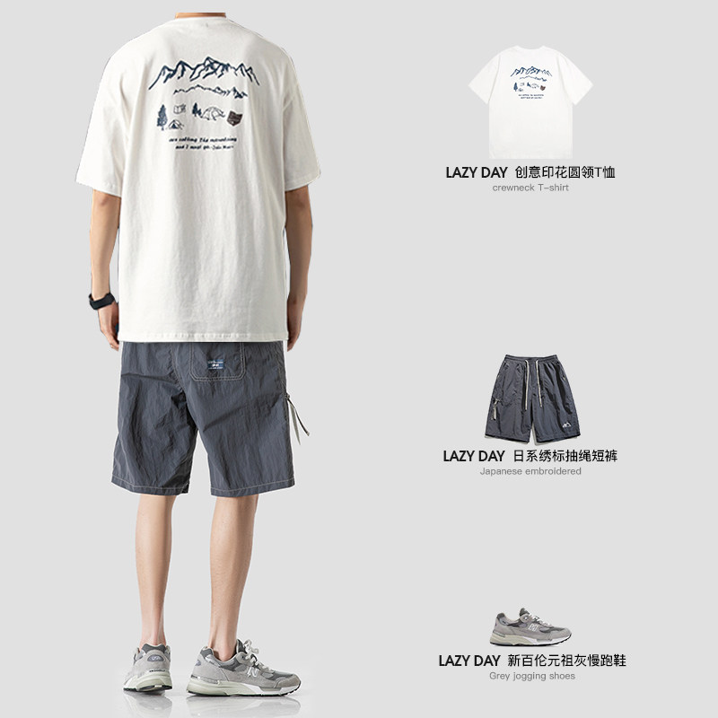 LAZY DAY 오리지널 남성 의류 일본 트렌디 브랜드 프린트 라운드 넥 반팔 티셔츠 남성용 루즈한 바지 5부 바지