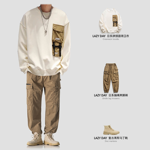 LAZY DAY原创男装一套搭配日系潮牌装饰贴袋圆领卫衣男宽松工装裤