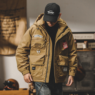 美式复古工装羽绒服男冬季连帽户外多口袋硬汉机能加厚美拉德外套