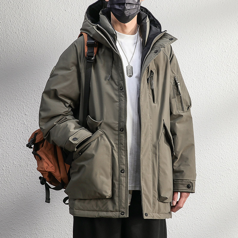 全定制雾绿色工装羽绒服男中长款