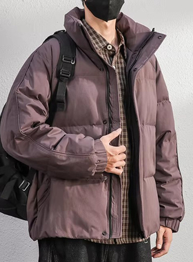 高充90白鸭绒蓬松感紫色羽绒服男士短款冬季保暖加绒立领外套男装