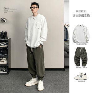 REEZ【店主穿搭】日系潮牌薄款圆领卫衣男春秋季宽松打底长袖T恤