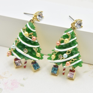 手工珐琅 童趣圣诞节 圣诞树彩球礼物盒宝石 耳钉 耳环 耳夹 项链